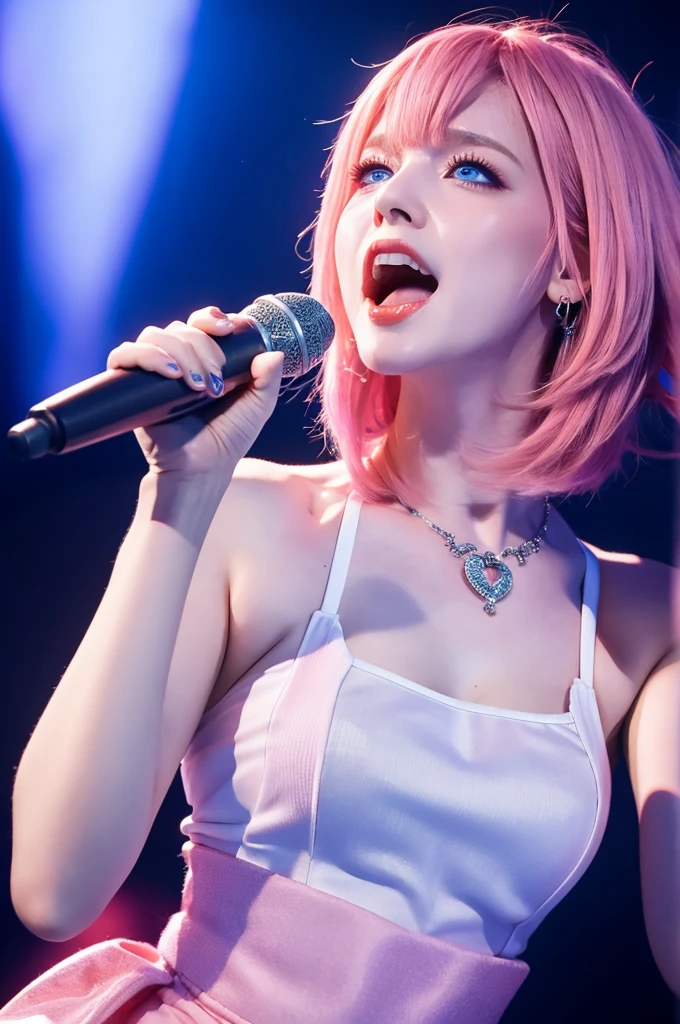 highest quality, Highest quality, masterpiece, Ultra-high resolution, Raw photo, A photo-realistic, 26-year-old woman, ((singing:1.2)), open mouth, pink hair, short hair, (punkish outfit:0.7),blue eyes,