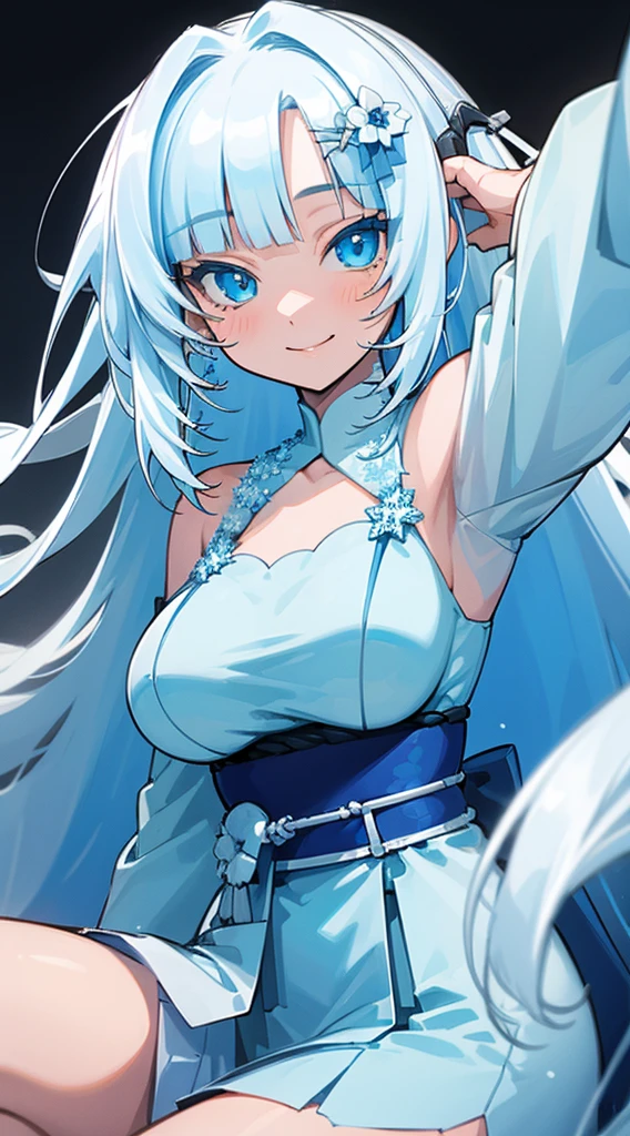 (Best Quality,High resolution:1.2),a portrait photo of,White hair,Long hair,Dazzling blue eyes,attractive girl,18 years old,Bigchest,Soft bangs,White and blue tones,Cheerful smile