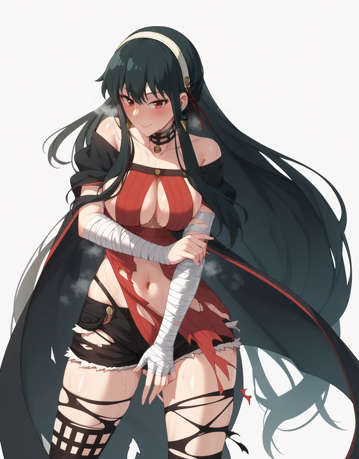 score_9, score_8_up, score_7_up, score_6_up, uncensored, Yor Briar, black hair, earrings, white hairband, hairband, long hair, sidelocks, red eyes, naughty face, shiny skin, sweating, steaming body, heavy breathing, BREAK (masterpiece:1.2), best quality, high resolution, unity 8k wallpaper, (illustration:0.8), (detailed eyes:1.3), extremely detailed face, perfect lighting, extremely detailed CG, (perfect hands, perfect anatomy), 1girl, bandages, solo, bandaged_arm, choker, breasts, black_choker, collarbone, torn_clothes, navel, torn_shorts, looking_at_viewer,