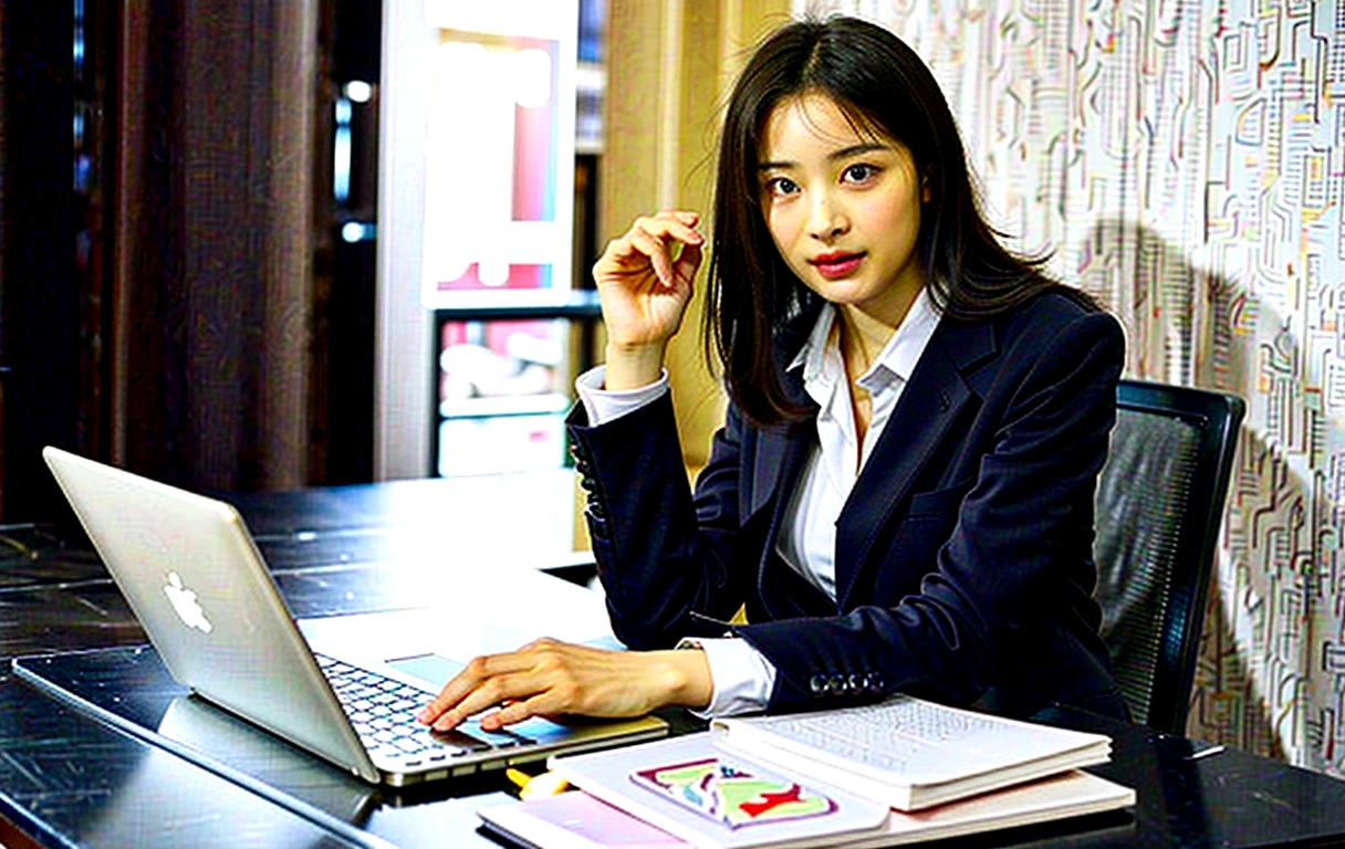 A lady in a suit，Woman in suit, Female Merchant, young Female Merchant, woman in black suit, female lawyer, Corporate attire,  Girl in a suit, Background white，Best picture quality，Higher quality，High Detail，Ultra-high resolution，8K resolution，masterpiece，Exquisite facial features，Perfect face