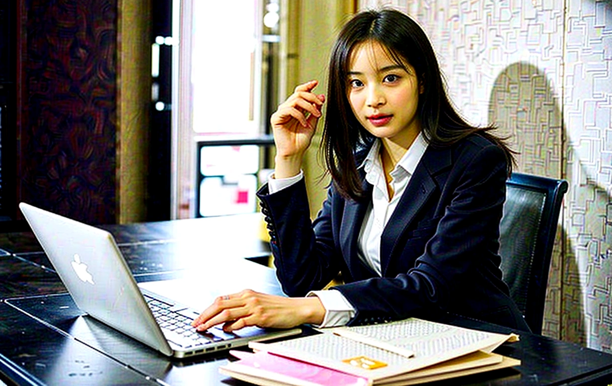 A lady in a suit，Woman in suit, Female Merchant, young Female Merchant, woman in black suit, female lawyer, Corporate attire,  Girl in a suit, Background white，Best picture quality，Higher quality，High Detail，Ultra-high resolution，8K resolution，masterpiece，Exquisite facial features，Perfect face