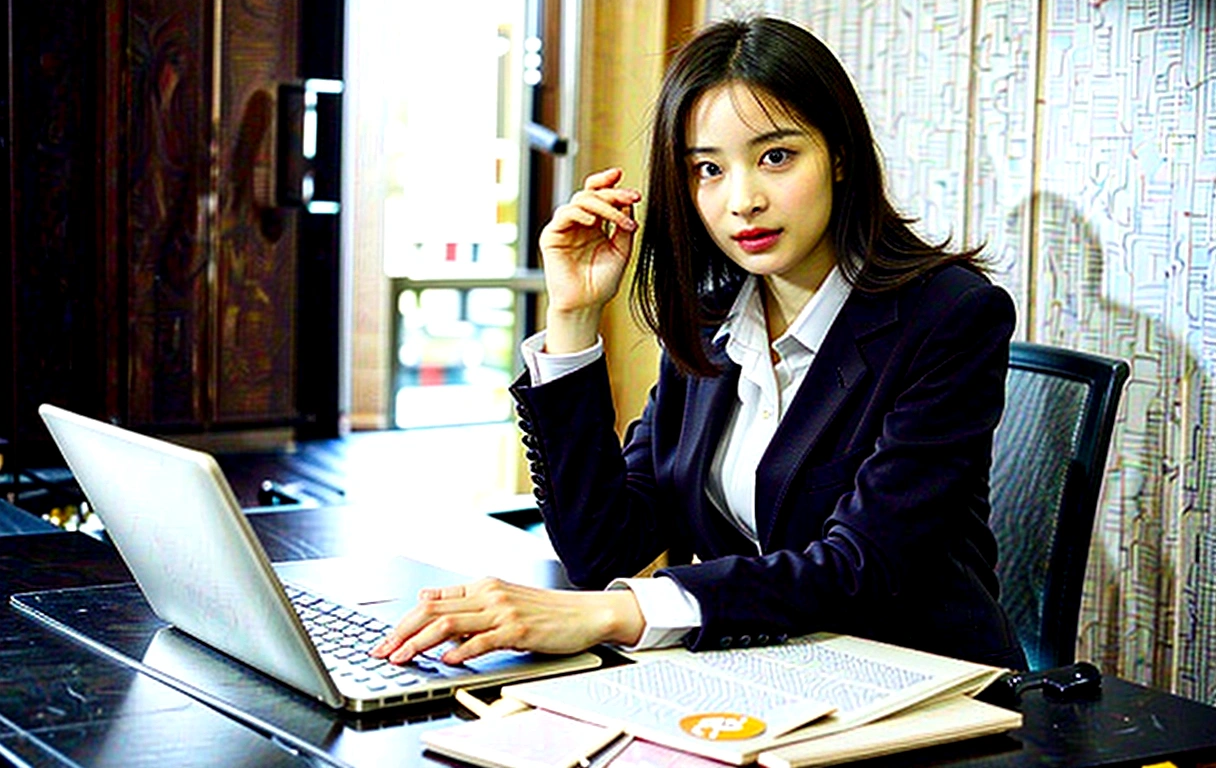 A lady in a suit,Woman in suit, Female Merchant, young Female Merchant, woman in black suit, female lawyer, Corporate attire, Girl in a suit, Background white,Best picture quality,Higher quality,High Detail,Ultra-high resolution,8K resolution,masterpiece,Exquisite facial features,Perfect face