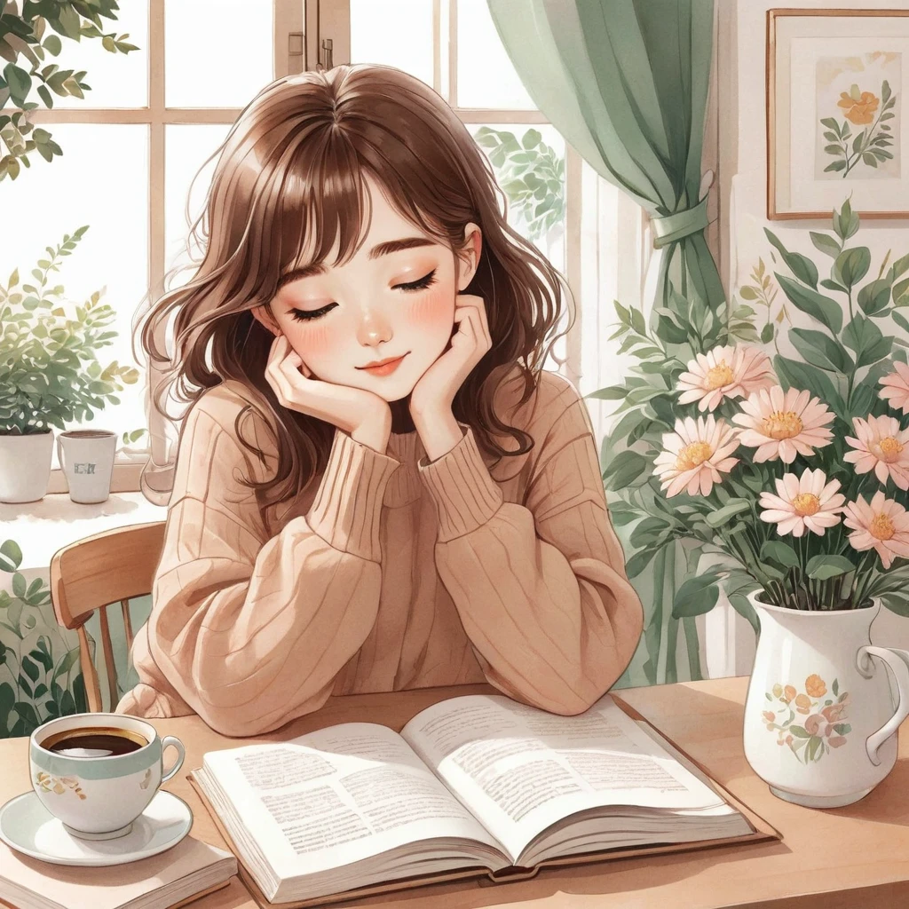 anime girl reading a book and drinking coffee at a table, happy cozy feelings, relaxing mood, cute illustration, realistic cute girl painting, beautiful illustration, beautiful drawing style, dreamy illustration, cozy place, relaxed expression, thoughtful ),cabelo negros. cozy wallpaper, by Kim Jeong-hui, cozy aesthetic, infp girl, drawing style, exciting illustration, lofi girl