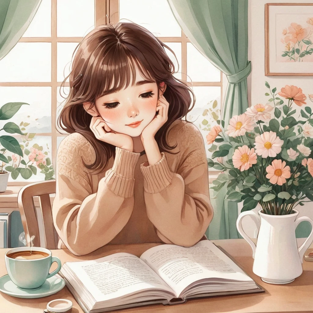 anime girl reading a book and drinking coffee at a table, happy cozy feelings, relaxing mood, cute illustration, realistic cute girl painting, beautiful illustration, beautiful drawing style, dreamy illustration, cozy place, relaxed expression, thoughtful ),cabelo negros. cozy wallpaper, by Kim Jeong-hui, cozy aesthetic, infp girl, drawing style, exciting illustration, lofi girl