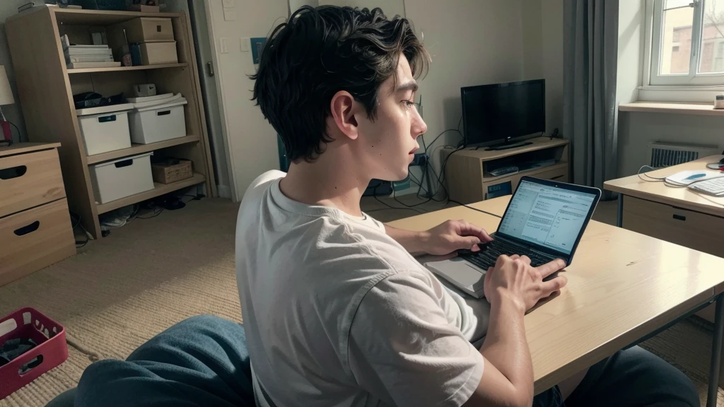 An image of a young man working with programming inside his room