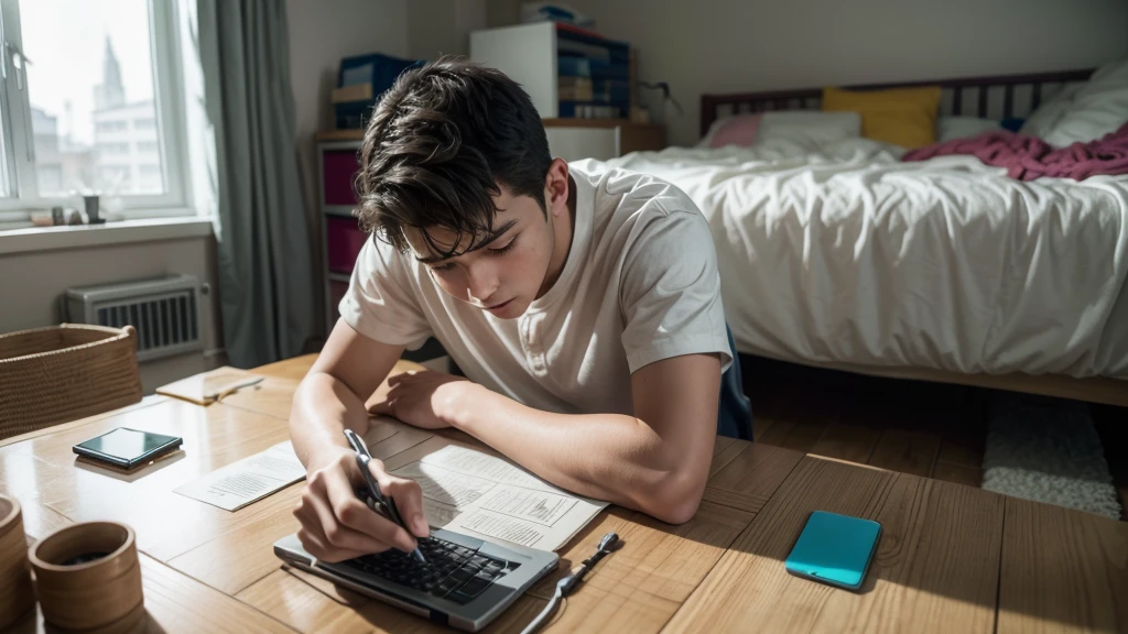 An image of a young man working with programming inside his room