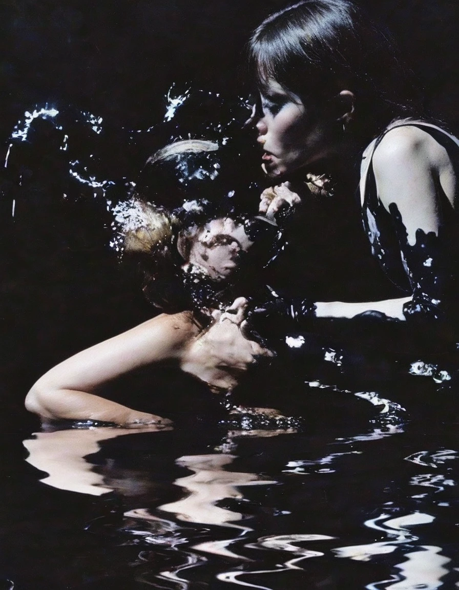 girls kissing in black water