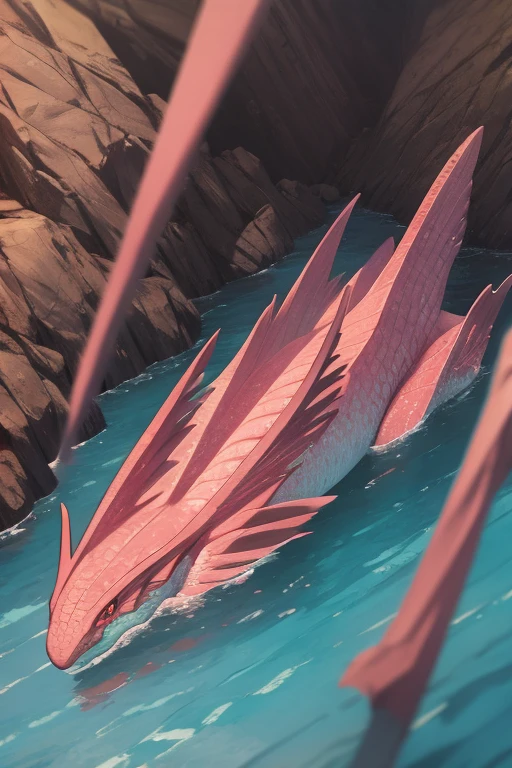 a large pink gum dragon with red eyes and pink scales sitting in a purple lake
