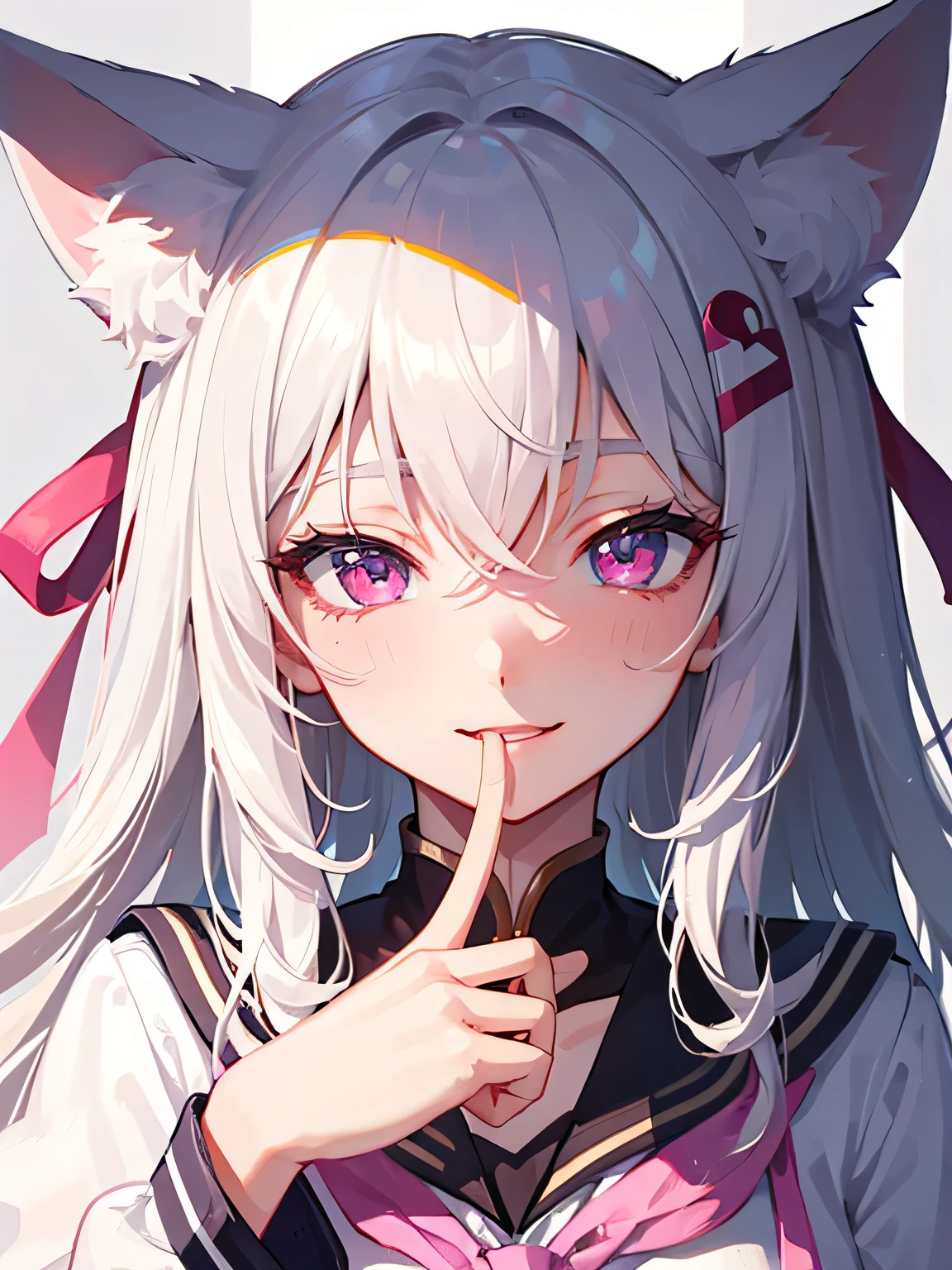 Highly detailed face,fine grain,Highlighted eyes, medium breasts ,pretty girl, smile shyly,Cat ear,Beautiful silver hair,Pink inside,Beautiful pink eyes,shiny skin, beautiful shadow,White sailor uniform,ribbon, finger to mouth