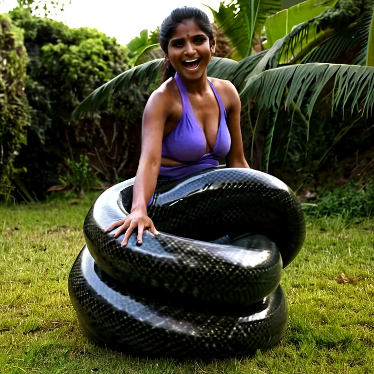  Happy Horny, aroused 1girl), beautiful kneeling Indian young teen girl  with  giant colossal black titanboa squeezing her hard, wrapped in thick spiraling coils, constricted, struggle, gasping for air, snake attack, snake peril, moonless night, dim light