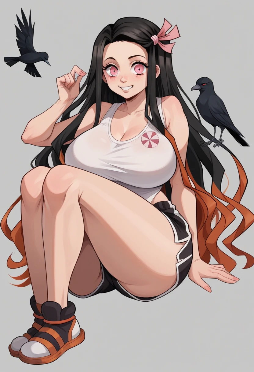 1 woman, 1 woman nezuko full body, Nezuko Kamado, Nezuko Kamado demon slayer, kamado nezuko, (japanese cartoon movies: demon slayer), sexy, female body, perfect body, whole body, pink seductive eyes, dark black hair, black hair, black long hair, perfect body, huge breasts,Wearing: modern clothes, shorts, sport shorts, female sport shorts, casual sport shorts women, sport shorts, Crow, cute Crow, Crow for woman, beautiful woman body, nezuko, very sharp, 4K photos, highly detailed, beautiful, nezuko, Nezuko Kamado, demon slayer, nezuko, 8K, The perfect image, detailed, nezuko.