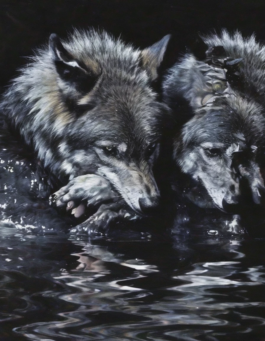 beautiful wolves kissing in black water