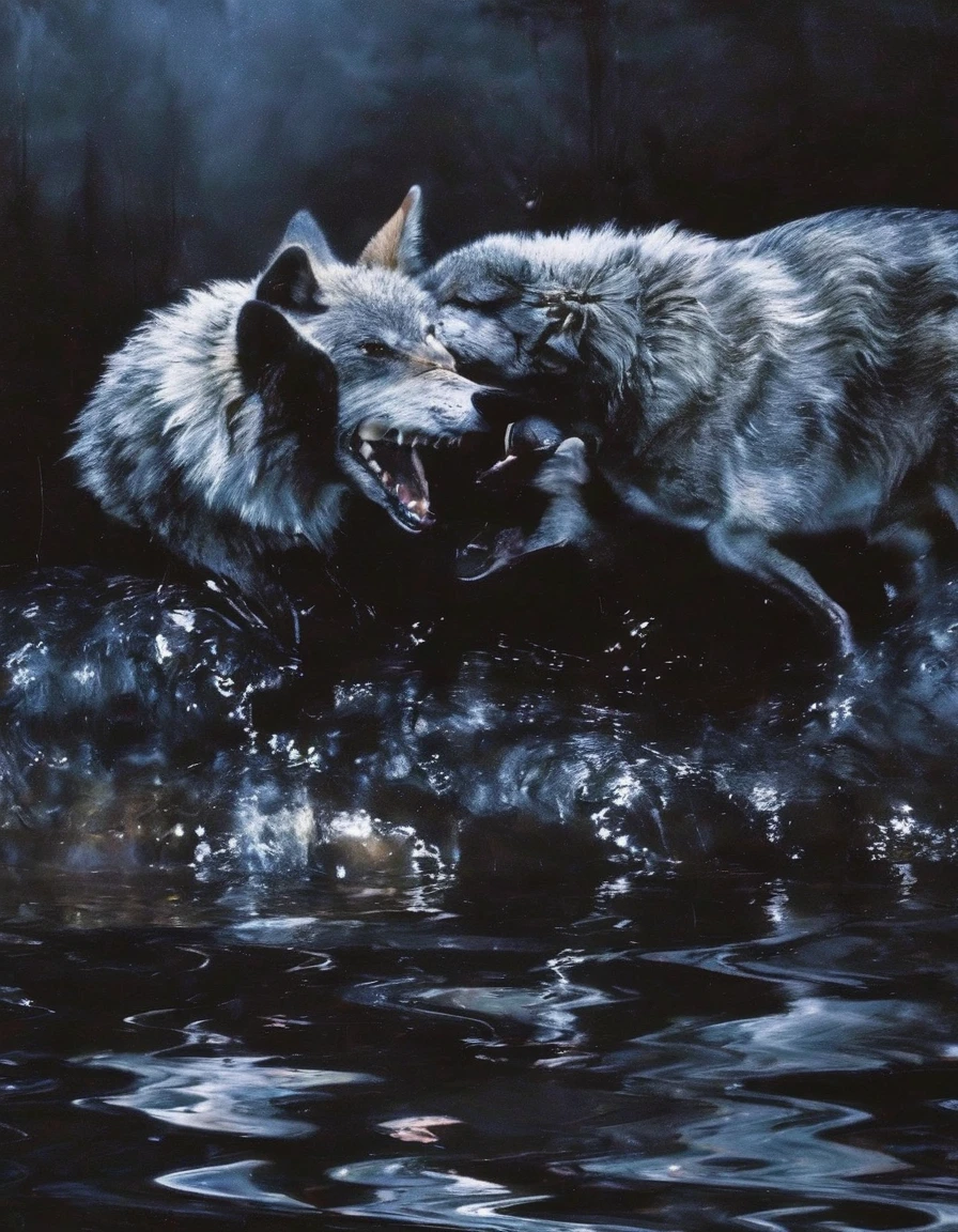 beautiful wolves kissing in black water