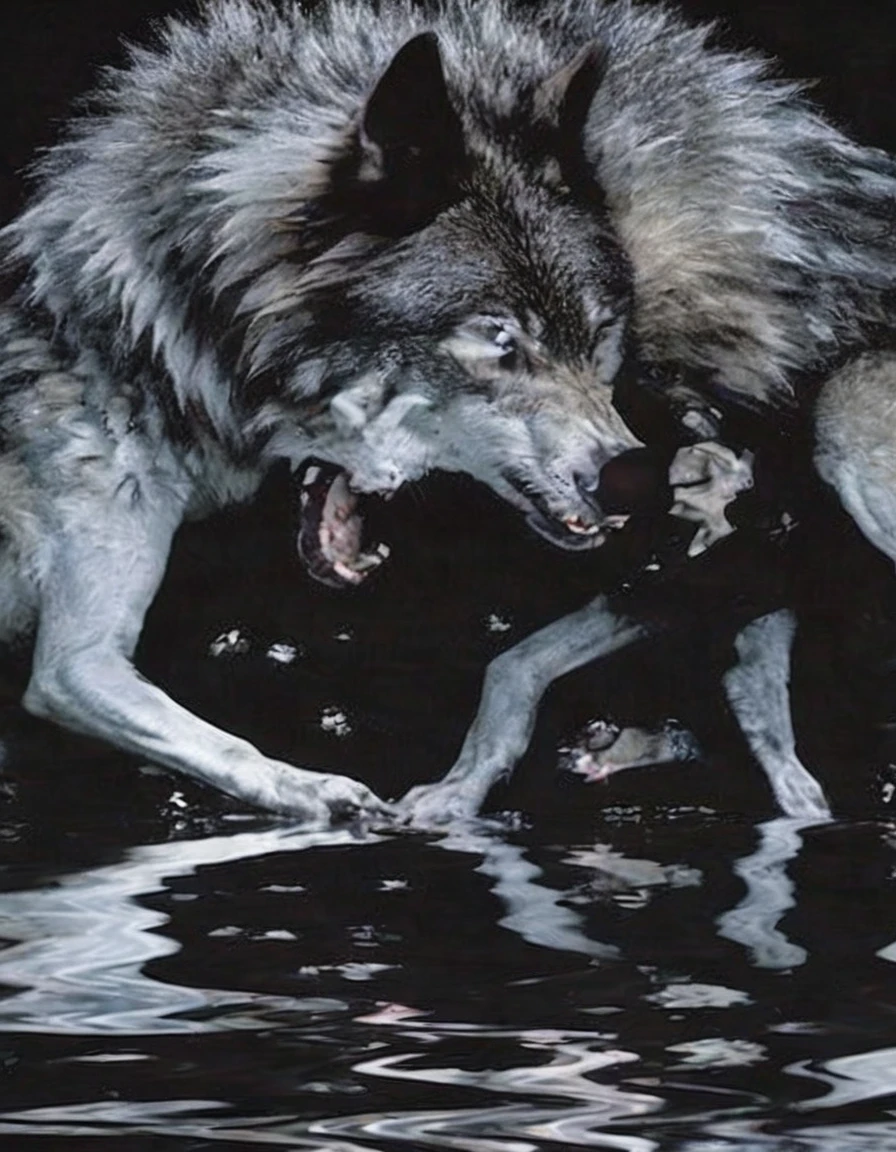 beautiful wolves kissing in black water