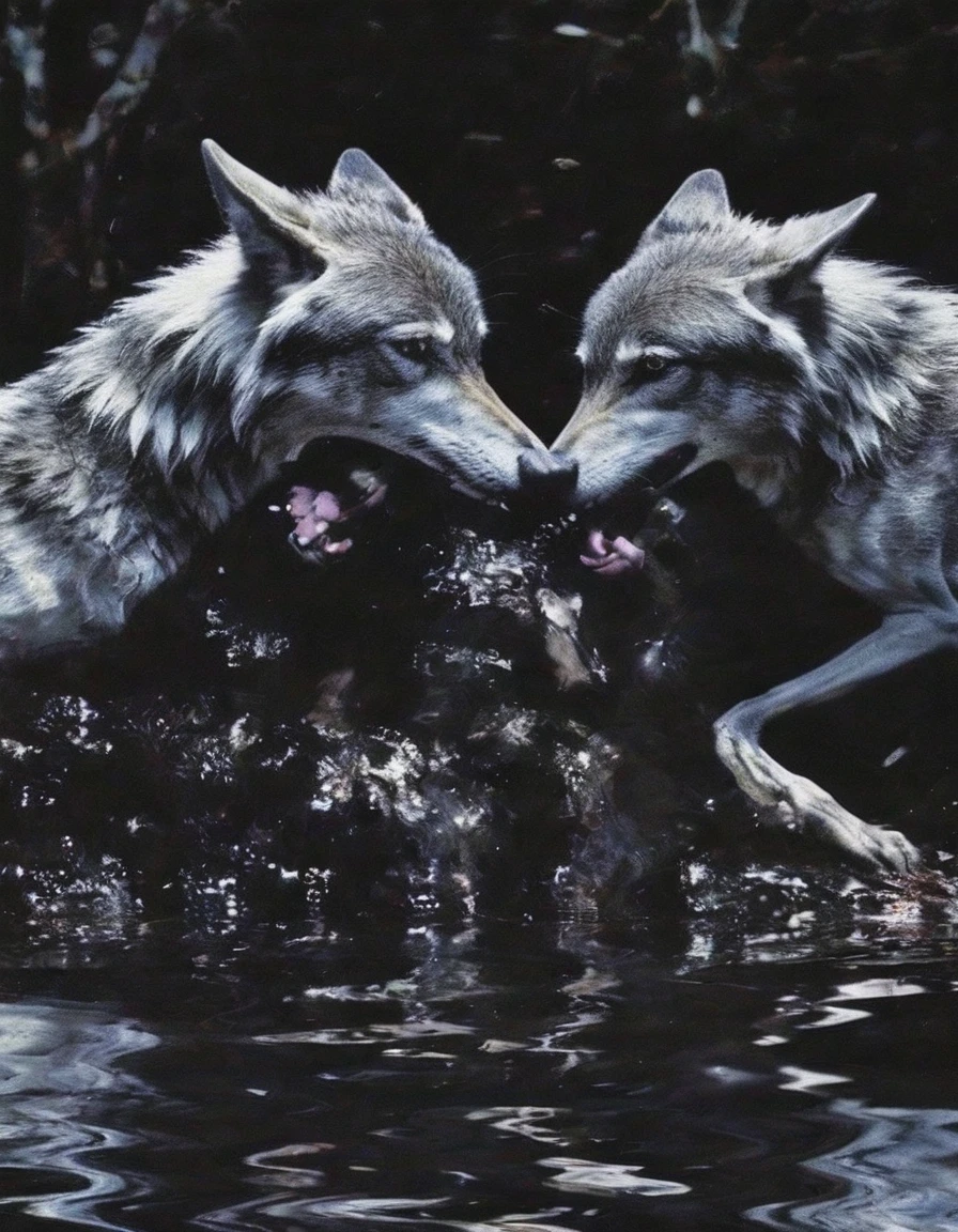 beautiful wolves kissing in black water