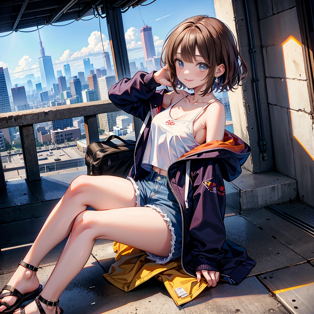 (masterpiece), (high resolution 8K), professional illustration, 1 girl, late age, sitting, turn around, arched back, wave hand, full body, from front, dutch angle, hoody, shorts, short hair, smile, embarrassed, looking at viewer, cityscape in Tokyo, daytime, in summer, natural lighting, stunning face, symmetrical clear eyes, detailed eyes and face