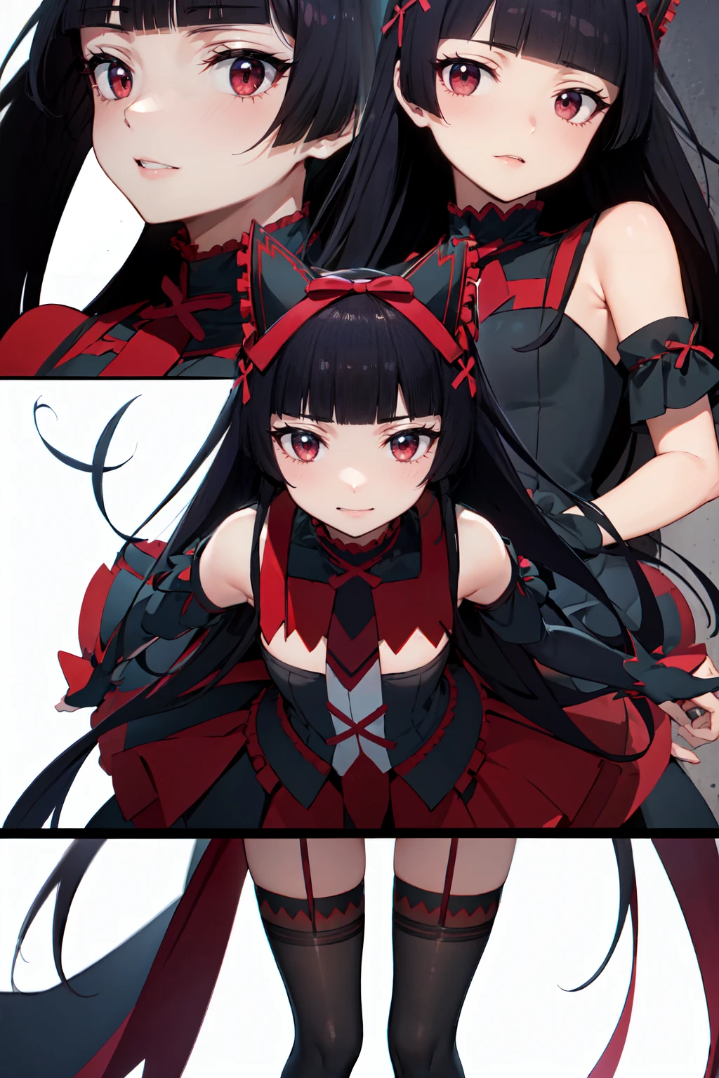 Rory Mercury, Rory Mercury, Black Hair, Blunt bangs, Hime cut, hair ornaments, Red lipstick, Long Hair, Cute face, compensate, (Small box:1.2), (Red eyes:1.5), break Gothic underwear, Perfect body (Small breasts:1.3), break in full growth, Red Shoes, break Black Stockings, Black Gloves break, Black thighs, Garter Straps, gloves, Gothic, Hair Ribbon, Gothicファッション, puffy Short sleeve, Puffy sleeves, Short sleeve, tights, tights, looks at the viewer, break (masterpiece:1.2), Highest quality, High resolution, unity 8k wallpaper, (Illustration:0.8), (Beautiful details in the eyes:1.6), Highly detailed face, Perfect lighting, Highly detailed CGI, (Perfect Arms, Perfect Anatomy), (white background:1.5), I have nothing in my hands, 1girl, whole body, Confused eyes