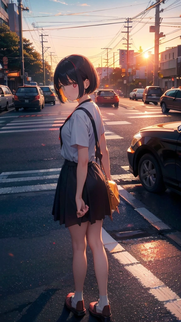 A shining sunset,sunset,Cars passing by on the road,Tokyo city,traffic jam,Girl 1 with short bob and red eyes is crossing the street