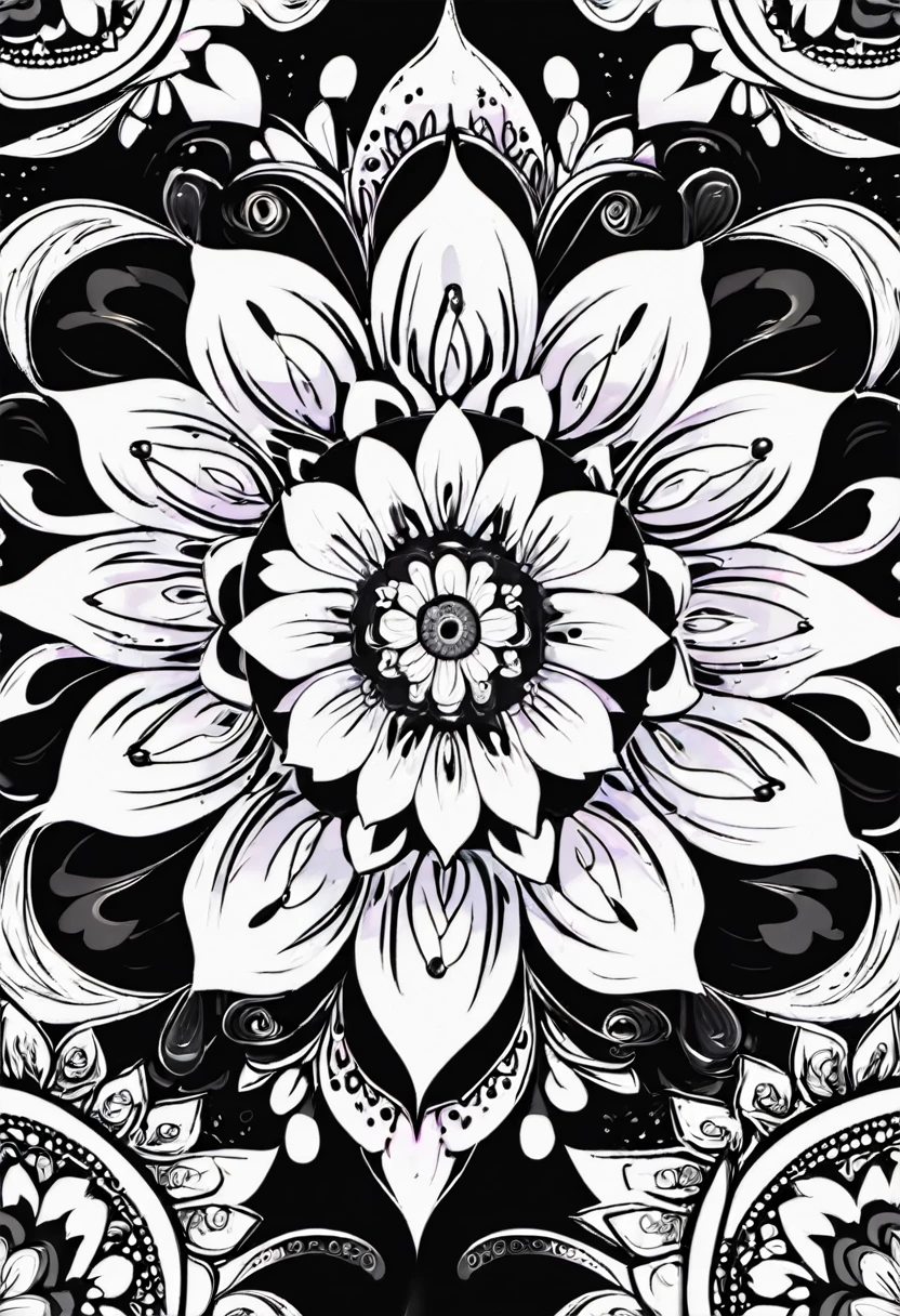 a white and black flower with a black background, white and black mandala, mandala art, lotus mandala, mandala ornament, super detailed white and black art, mandalas, rainbow gradient bloom, colorful intricate masterpiece, detailed art in white and black, intricate white and black masterpiece, mandalas, super detailed white and black art, psychedelic art style, ornate flower design, vibrant high contrast white and black, white and black vector art