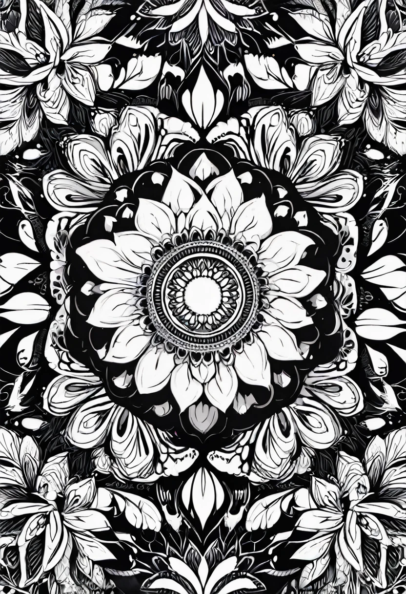 a white and black flower with a black background, white and black mandala, mandala art, lotus mandala, mandala ornament, super detailed white and black art, mandalas, rainbow gradient bloom, colorful intricate masterpiece, detailed art in white and black, intricate white and black masterpiece, mandalas, super detailed white and black art, psychedelic art style, ornate flower design, vibrant high contrast white and black, white and black vector art
