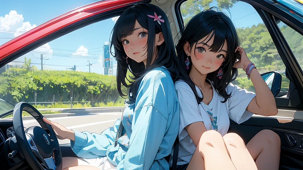 masterpiece, Highest quality, Rainbow Style, anime, Beautiful Asian Girl, Sitting in a car, Along the Hawaiian Coast, Cute and dreamy,anime,Illustrator,Lo-fi Girl, Blues,