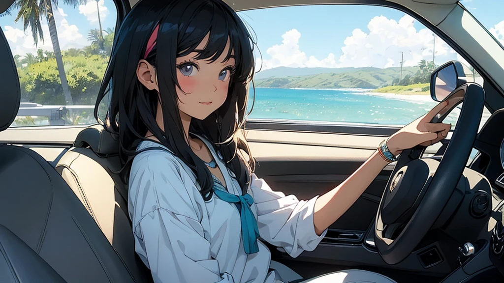 masterpiece, Highest quality, Rainbow Style, anime, Beautiful Asian Girl, Sitting in a car, Along the Hawaiian Coast, Cute and dreamy,anime,Illustrator,Lo-fi Girl, Blues,