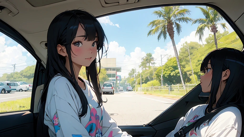 masterpiece, Highest quality, Rainbow Style, anime, Beautiful Asian Girl, Sitting in a car, Along the Hawaiian Coast, Cute and dreamy,anime,Illustrator,Lo-fi Girl, Blues,