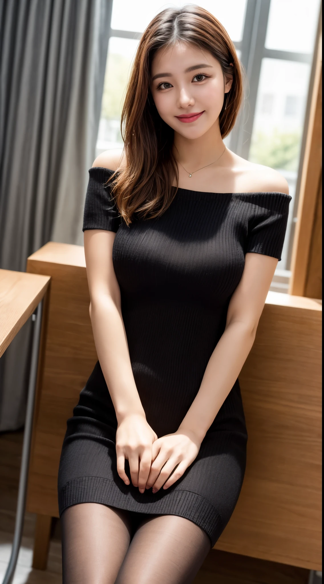 (((masterpiece))), (((Highest quality: 1.4))), ((Very detailed: 1.4)) , ulzzang-6500-v1.1, (RAW Photos:1.2), (Photorealistic), (Genuine:1.4), Sharp focus、Off the shoulder、Realistic female college student wearing a cashmere knit dress、Ultra-realistic pantyhose:1.3、short hair、Teasing Smile、Bare thighs!!! pumps