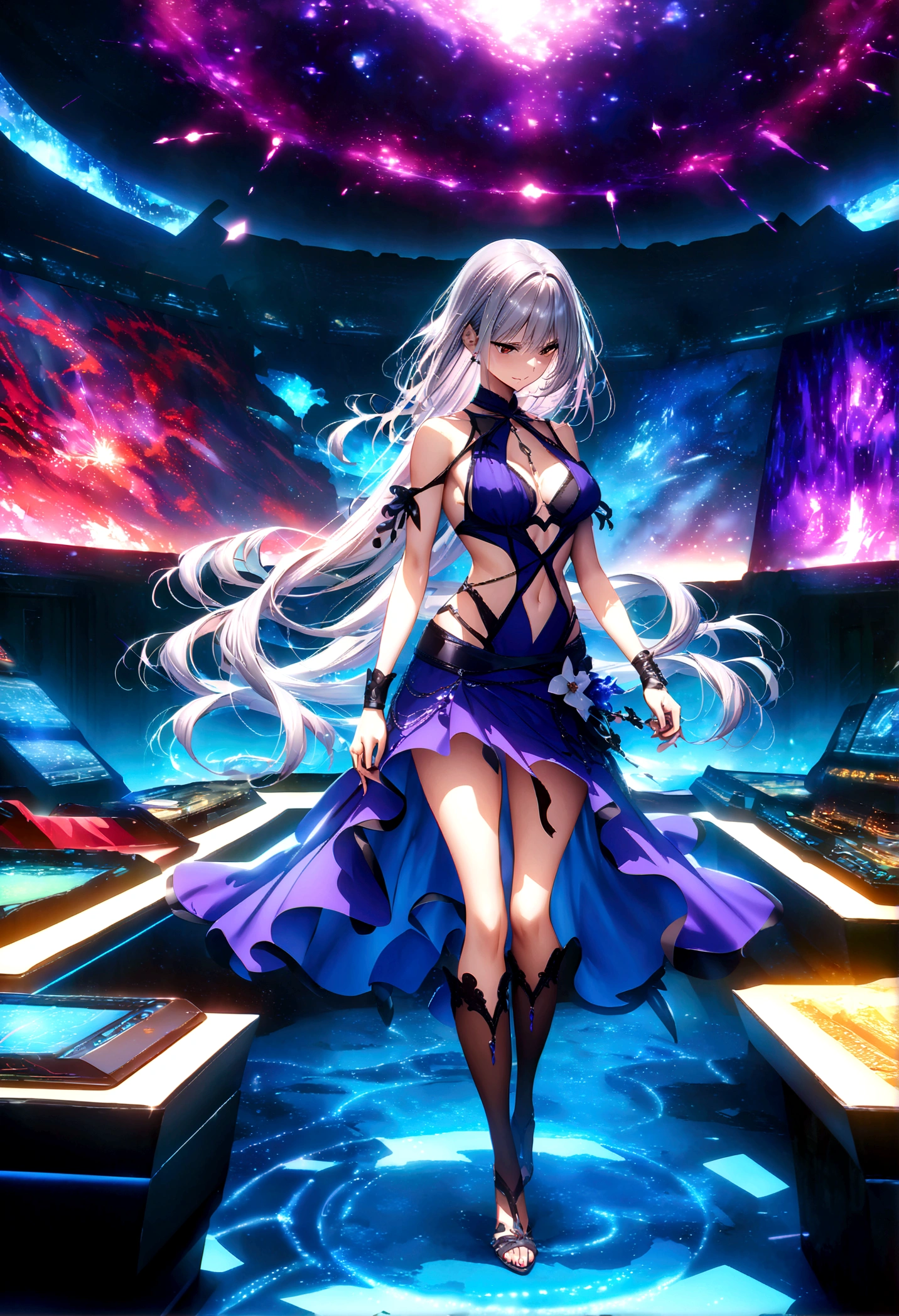 finest masterpiece, Super detailed, Highest quality, Sharp focus, 12k, ultra hi resolution picture, 1girl, tifa lockhart \\(refined dress\\), final fantasyfull body,dark aura,evil smile, masterpiece, best quality, very aesthetic, absurdres, anime artwork, anime style, key visual, vibrant, studio anime, highly detailed,1girl,(Silver Hair:1.4),Very long hair,(battle room:1.4)