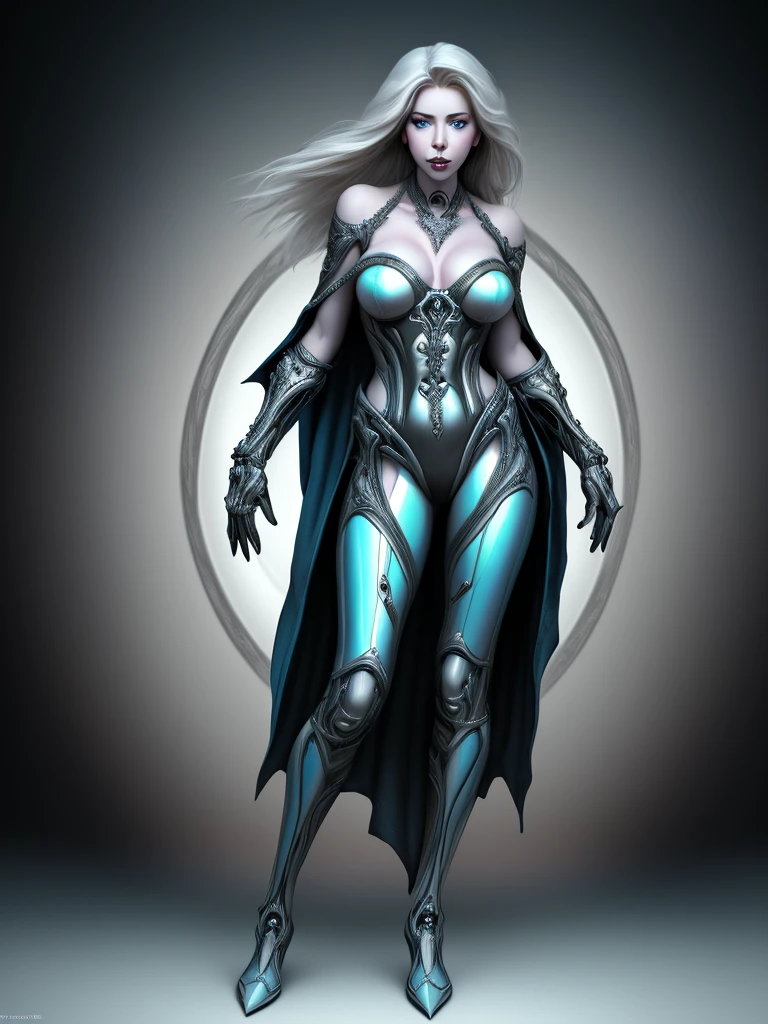 full body image, Strong contrast__hr_giger_art___flowing_contours__biomechaical__airbrush___strange__eerie__fashion_magazine_cover__art_deco_border___porcelain_and_platinum / A futuristic looking woman with porcelain skin / eleboratem intricate colourful iridescent chrome armour / face of Kendra Lust, full body image, Diablo 3 art style, Tara Reid,