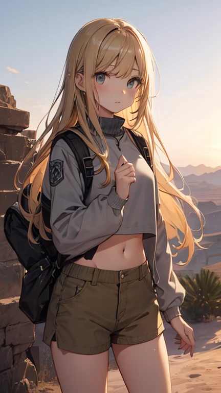 A beautiful girl exploring the vast desert、Semi-long blonde hair、Beige explorer outfit showing midriff、Backpack、Shorts、whole body、View from afar