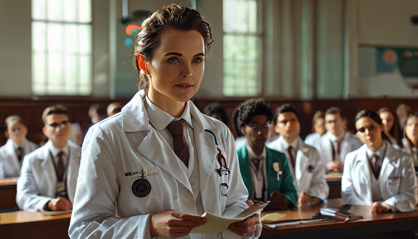 A scientist gives a lecture at a university, wearing a lab coat. The scene is a large classroom. 4k masterpiece, best quality, (Highly Detailed CG Unity 8k Wallpaper), (Best Quality), (Best Illustration), (Best Shadows), Incredibly realistic lighting, (Depth), Beautiful glow, Art by Peter Mohrbacher.