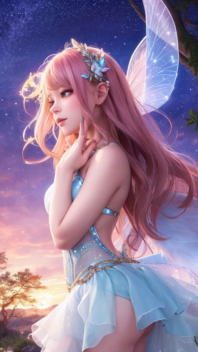 Make a picture where a beautiful fairy is bound, wearing a sheer skirt, in a gr3ysh33r medium, with detailed wings and a magical glow. The background should be enchanted forest with sparkling lights and soft sunlight. The fairy's eyes should be captivating and her lips delicate. The image should be of the best quality, with ultra-detailed features and a realistic, photorealistic style. The color palette should be vibrant and ethereal, with a dreamy atmosphere. The lighting should be soft and magical, highlighting the fairy's beauty and creating a sense of enchantment.