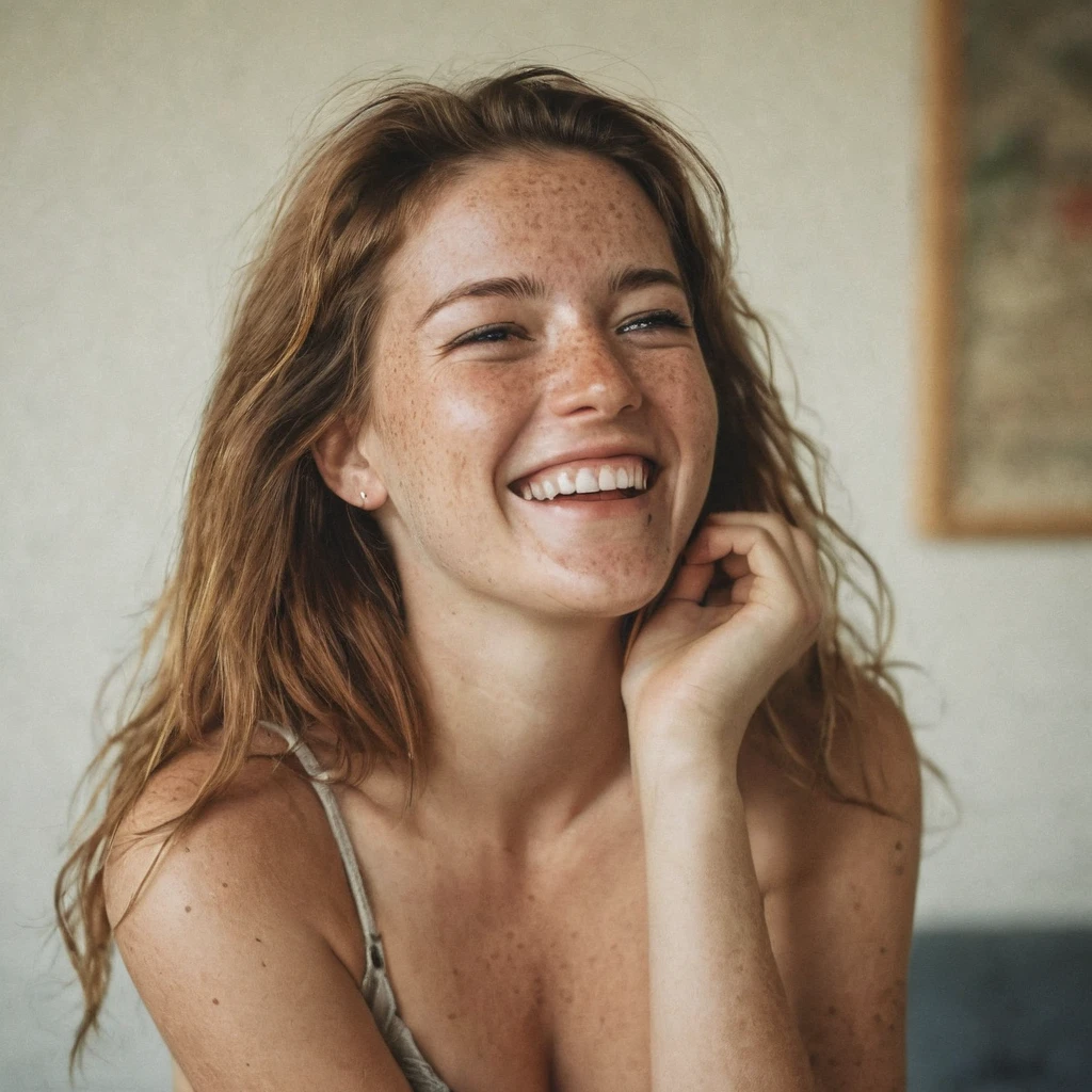 a 25 year old (caucasian) woman, (shy), embarrassed and laughing, looking away from the camera, freckles, indoors, vignette, filters, (filmy grain:1.4), candid pose, wearing shorts, no bra, small breasts, ((nude:1.2)), long hair, realistic, ((80s style))