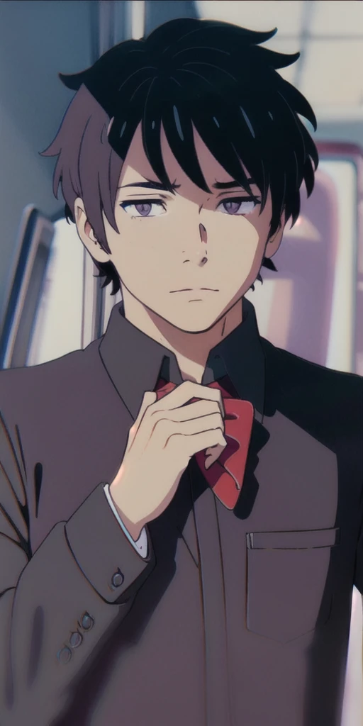 Handsome man , black suit, red strip on eyes, purple theme