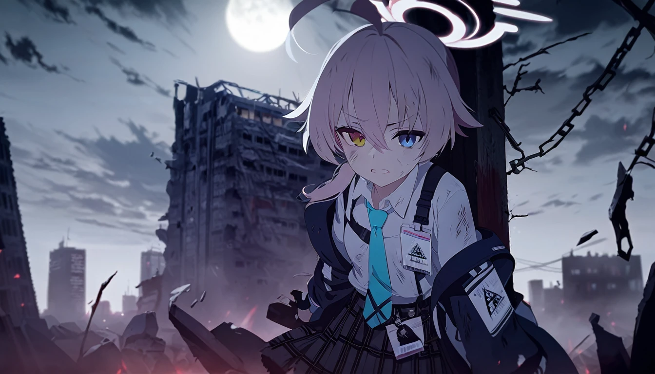 (((masterpiece))), (((best quality))), ((ultra-detailed)), (illustration), (detailed light), ((an extremely delicate and beautiful)), (beautiful detailed eyes), (gloomy atmosphere), (moonlight), 1girl, (damaged city), (wind), blood on face, hoshino \(blue archive\), halo, ahoge, fingerless_gloves, plaid_skirt, white_shirt, black_gloves, long_sleeves, white_socks, collared_shirt, black_skirt, blue_necktie, heterochromia, id_card