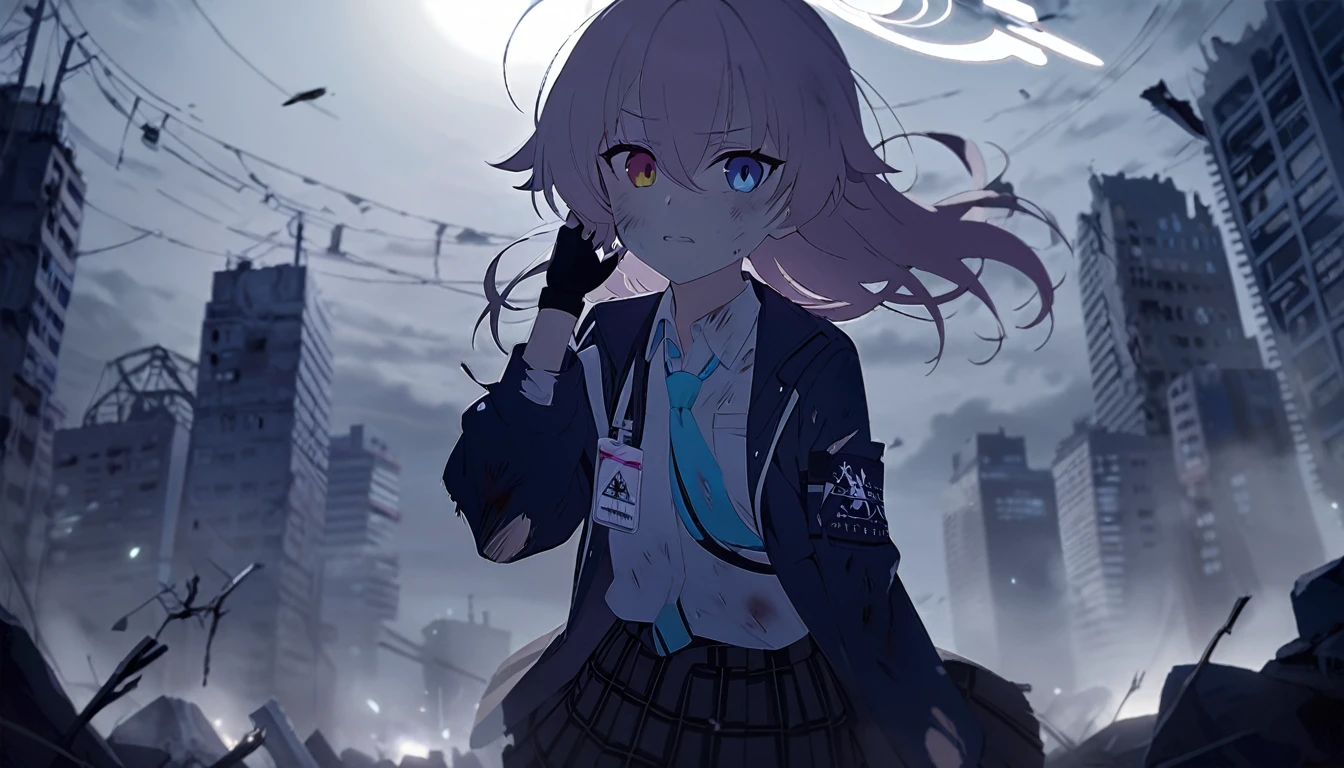 (((masterpiece))), (((best quality))), ((ultra-detailed)), (illustration), (detailed light), ((an extremely delicate and beautiful)), (beautiful detailed eyes), (gloomy atmosphere), (moonlight), 1girl, (damaged city), (wind), blood on face, hoshino \(blue archive\), halo, ahoge, fingerless_gloves, plaid_skirt, white_shirt, black_gloves, long_sleeves, white_socks, collared_shirt, black_skirt, blue_necktie, heterochromia, id_card
