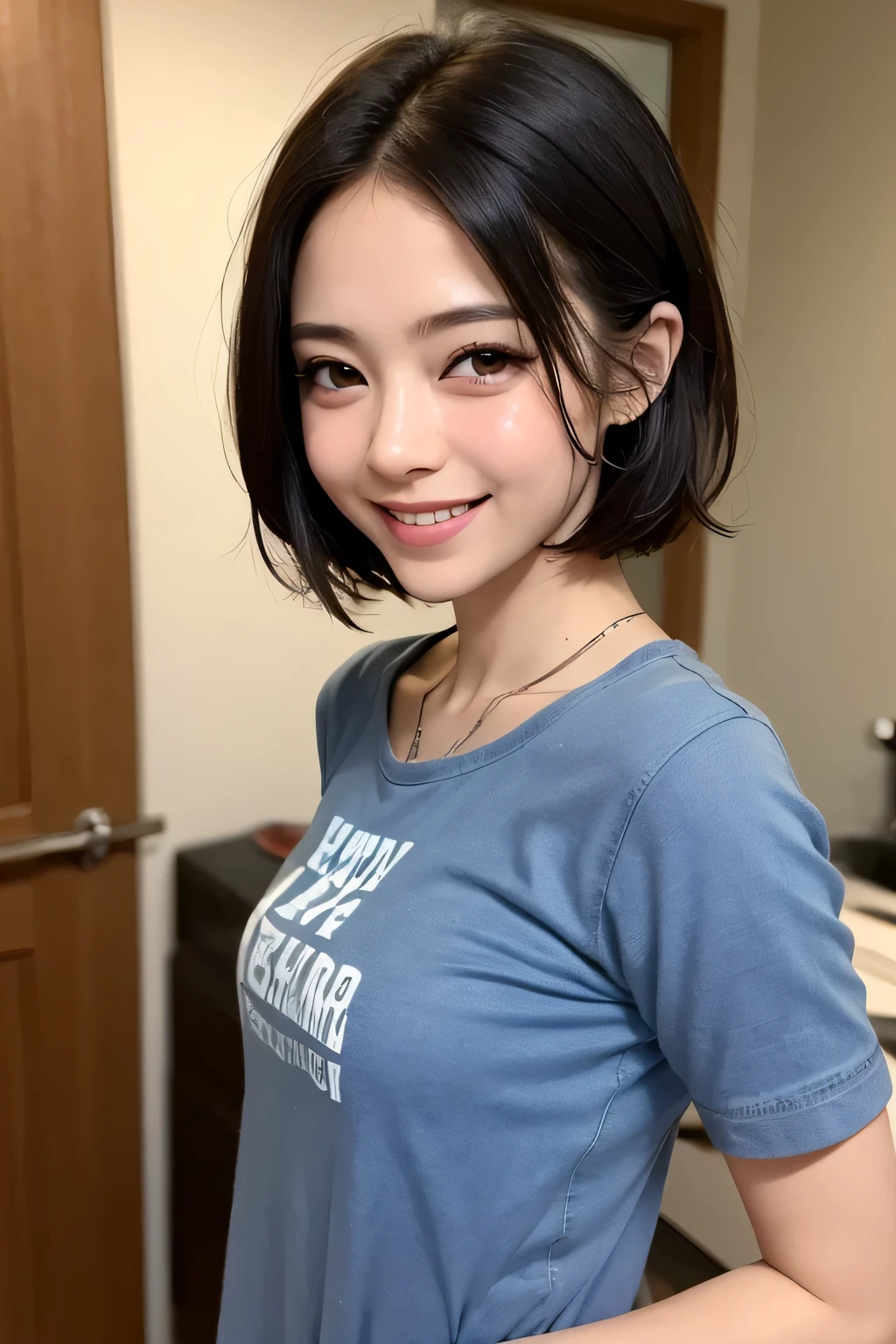 real, masterpiece, highest quality, A photo of a woman smiling happily, (Skin quality improvement 1.5), beautiful and detailed eyes, long slit eyes, black eyes, thin eyebrows, Make your eyelashes delicate, long eyelashes, false eyelashes, (hidden creased eyelids:1.3), (black hair, short hair, middle part:1.3), A little tooth is visible, standing, t-shirt, jeans