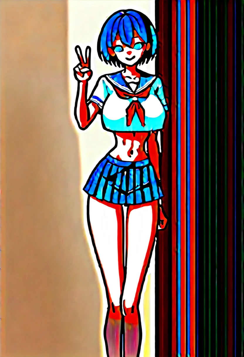 (masterpiece, best quality), front shot,  beautiful 1girl, (big breasts, micro waist, very long legs:1.3), Black hair, short bob hair, short height, scrawny and thin body, Light Skin, cute big eyes, cute beautiful thin face, forced smile, serafuku, mini skirt, pigeon-toed, wet and sweaty, visible ribs, Beautiful belly button, V sign, Trembling