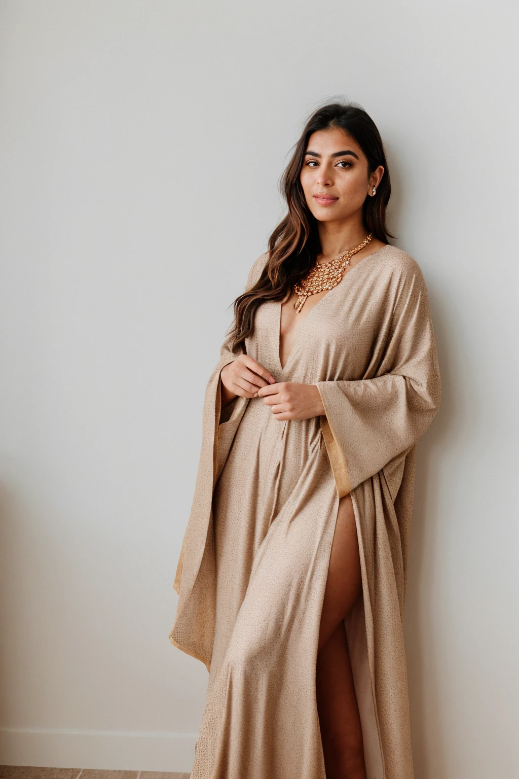 RAW photo,candid photograph, full body,photo of a beautiful,influencer,30yo Kurdish woman,wearing a beige Kaftan, detailed skin,pubes,naked, looking at viewer, thick body structure,white background,no background, candid pose,blue light, film grain, kodak color, instagram LUT