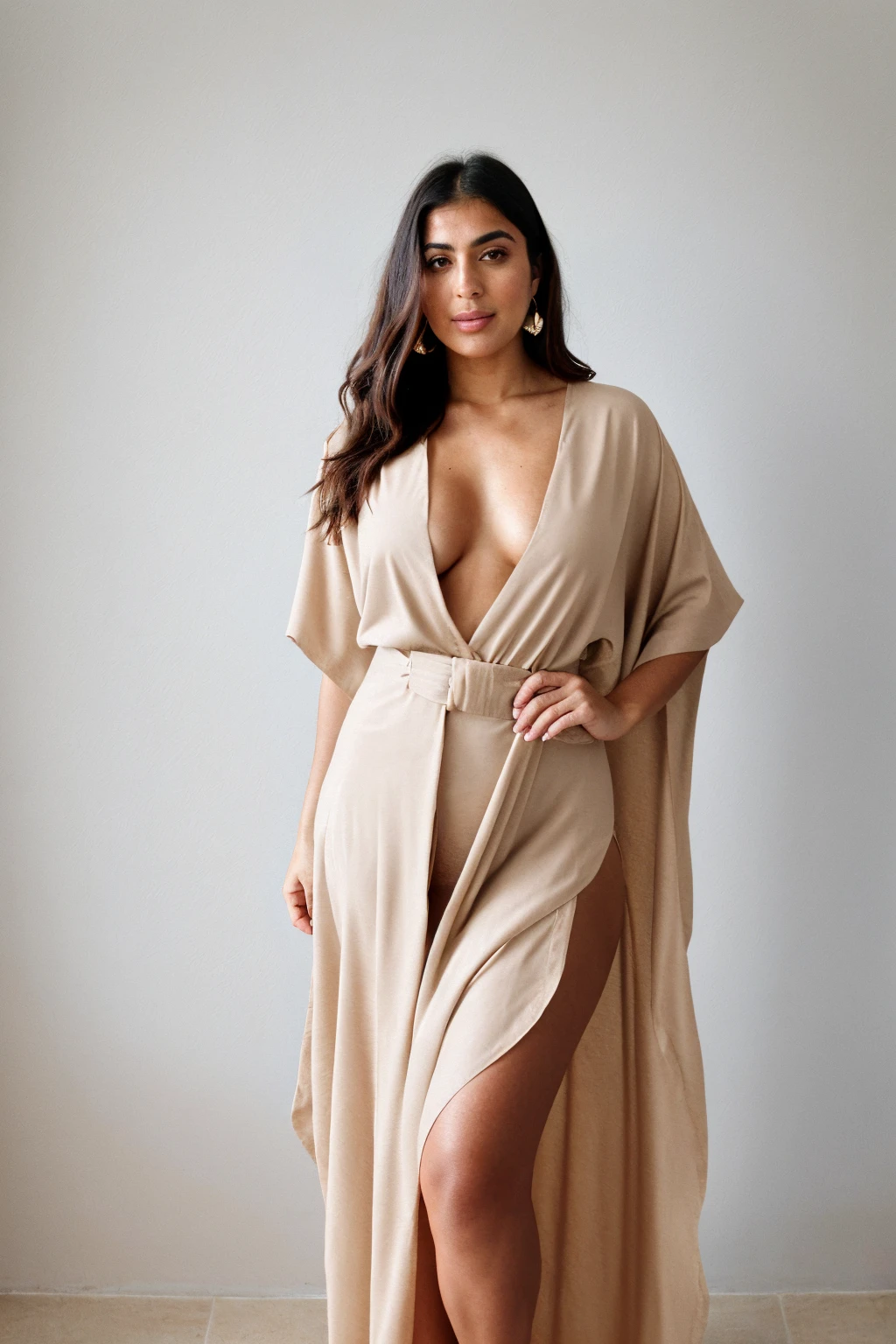 RAW photo,candid photograph, full body,photo of a beautiful,influencer,30yo Kurdish woman,wearing a beige Kaftan, detailed skin,pubes,naked, looking at viewer, thick body structure,white background,no background, candid pose,blue light, film grain, kodak color, instagram LUT
