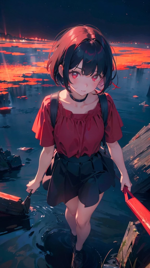 girl with short bob hair,Red eyes ,A shining heaven,Walking in heaven,A distant view