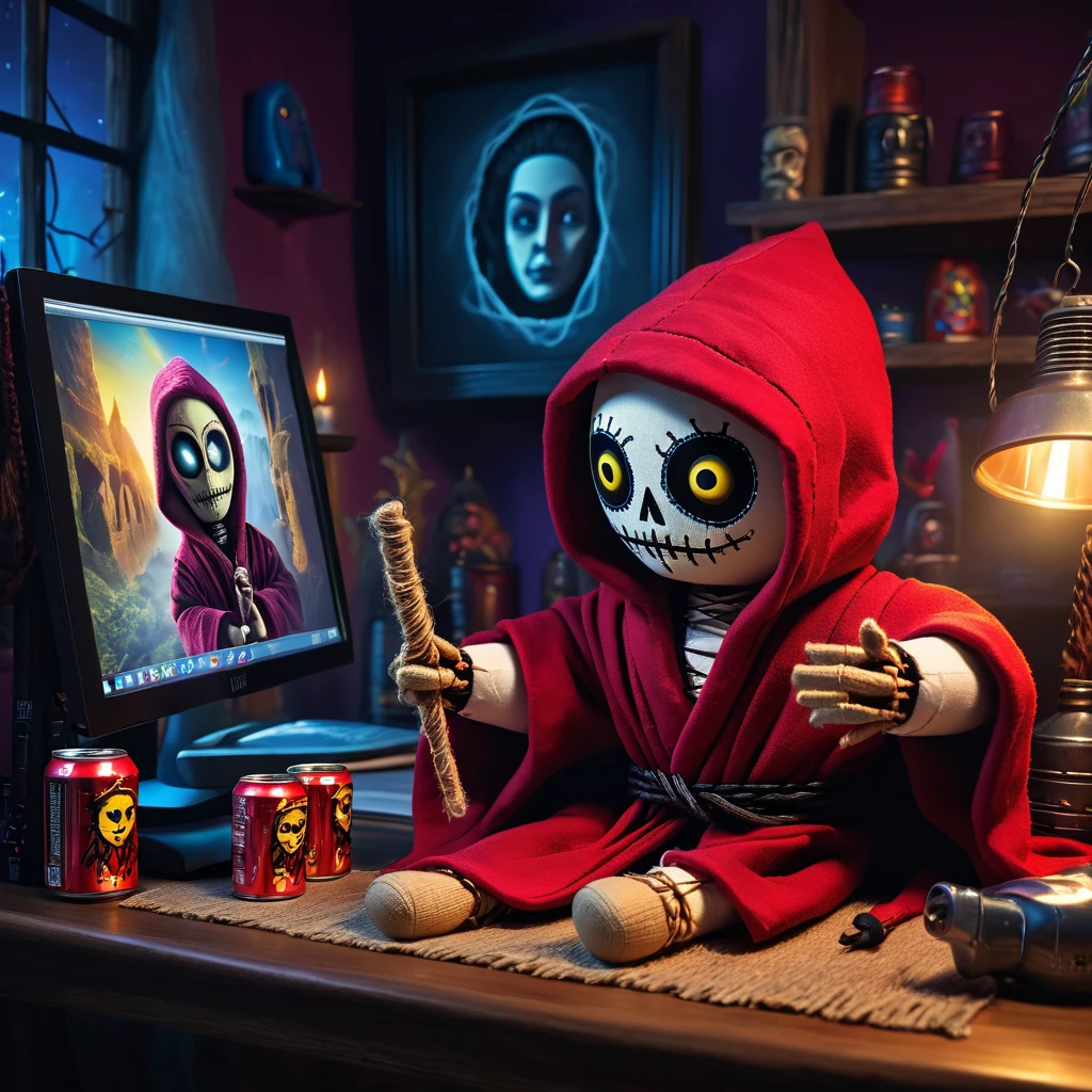 (knitted toy voodoo doll:1.6), (Armenian man:1.3), (magical robe with hood:1.5), (sitting in front of a computer monitor:1.2), (chat window open on screen:1.0), (energy drink cans on table:1.2), (magical and mystical atmosphere:1.5), best quality, masterpiece, detailed soft oil painting, detailed background, dramatic cinematic lighting, soft edge lighting, professional, dramatic lighting, hard edge lighting, ultra quality, 4k, masterpiece, best quality, 8k, ultra high definition, high resolution, extremely detailed