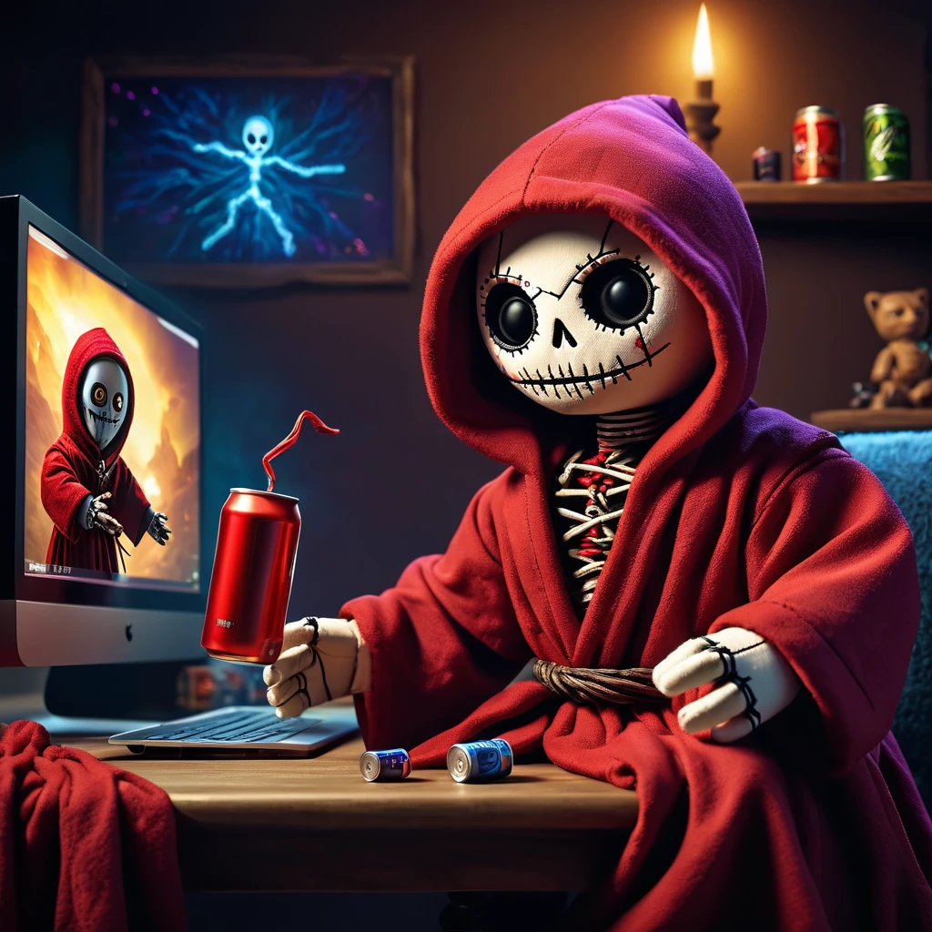 (knitted toy voodoo doll:1.6), (Armenian man:1.3), (magical robe with hood:1.5), (sitting in front of a computer monitor:1.2), (chat window open on screen:1.0), (energy drink cans on table:1.2), (magical and mystical atmosphere:1.5), best quality, masterpiece, detailed soft oil painting, detailed background, dramatic cinematic lighting, soft edge lighting, professional, dramatic lighting, hard edge lighting, ultra quality, 4k, masterpiece, best quality, 8k, ultra high definition, high resolution, extremely detailed