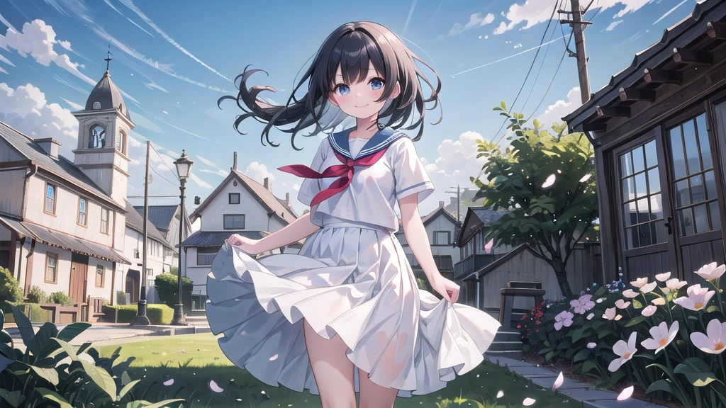 (masterpiece), town, blue sky, One Girl, smile, alone, Sailor suit、Long skirt, Overgrown, petal, plant、Skirt lining、Translucent slip、Nostalgic、Strong winds、Skirt fluttering in the wind