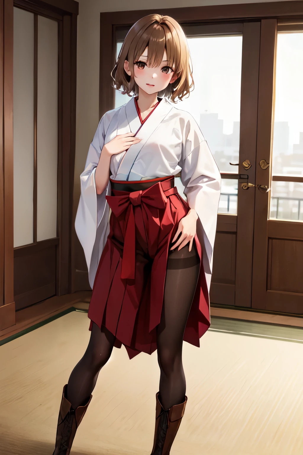 masterpiece, Highest quality, High resolution, One girl, alone, short hair, Brown Hair, Brown eyes, chest, Bedroom、((Graduation Hakama))、((pantyhose))、(boots)、