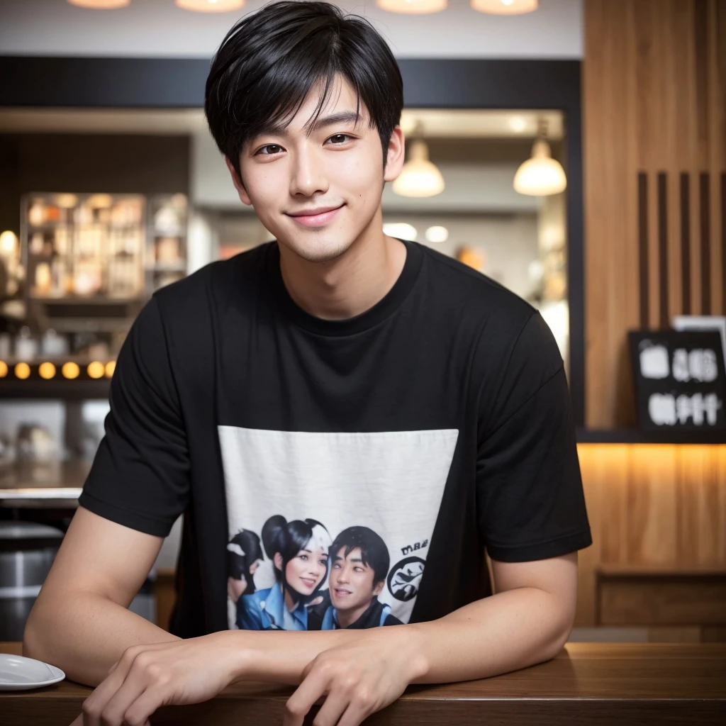 30-year-old boy, Japanese,Double eyelids,Reddish cheeks,Acne-prone cheeks,Mole on cheek,smile,Stylish clothing,T-Shirts,Black hair style, Handsome, looking at the camera, Photo inside the cafe, Straight Pose, Perfect lighting, Deep Shadow, Highest quality, masterpiece, Ultra-high resolution, Realistic