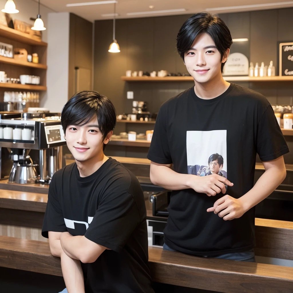 30-year-old boy, Japanese,Double eyelids,Reddish cheeks,Acne-prone cheeks,Mole on cheek,smile,Stylish clothing,T-Shirts,Black hair style, Handsome, looking at the camera, Photo inside the cafe, Straight Pose, Perfect lighting, Deep Shadow, Highest quality, masterpiece, Ultra-high resolution, Realistic