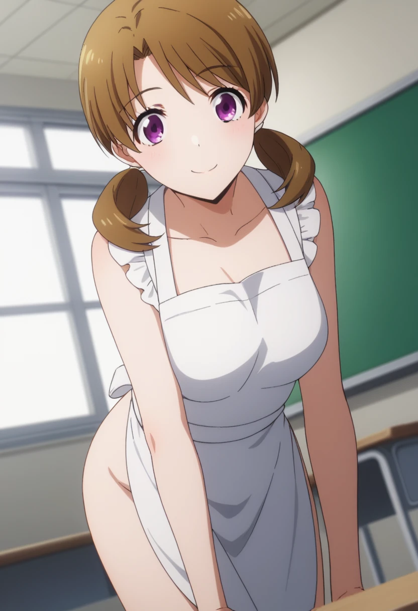 score_9, score_8_up, score_7_up, source_anime,
honoka mitsui, 1 girl,
bangs, brown hair, twintails, low twintails, purple eyes,
solo, bent over, smile,
dutch angle, looking at viewer, cowboy shot,
indoors, classroom, apron on naked body,