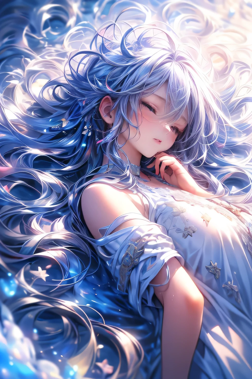 masterpiece: 1.2, highres, highest quality, 16k, ultra-realistic, photorealistic: 1.37, beautifully detailed, vibrant colorful, colorful, colorful: 1.3 perfect composition, pleasant, yawn: 1.5, hand on mouth: 1.2, cute fangs: 1.2, exposed to the wind a girl with messy white hair, wearing loose pajamas, sleeping in a state of hurray on a bed with soft pillows, a huge moon and a sea of stars behind her, long white hair, closed eyes, blushed cheek, nature volumetric lighting and best shadows, deep depth of field, sharp focus, Stunning full-body beautiful cute girl, soft delicate beautiful charming face with seductive black eyes, middle breasts, sharp eyes liner, long eyelash, bloom, eyelash